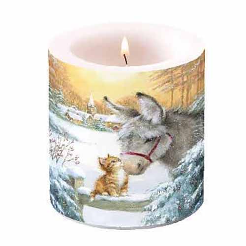 Svíčka vánoční kotě s oslíkem válec 8 x 7, 5 cm