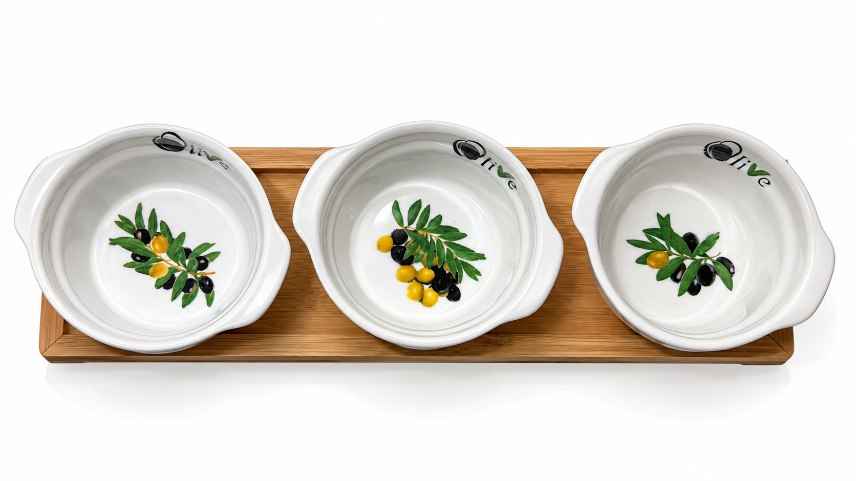 Sada 3 porcelánových misek Olives na bambusovém tácku
