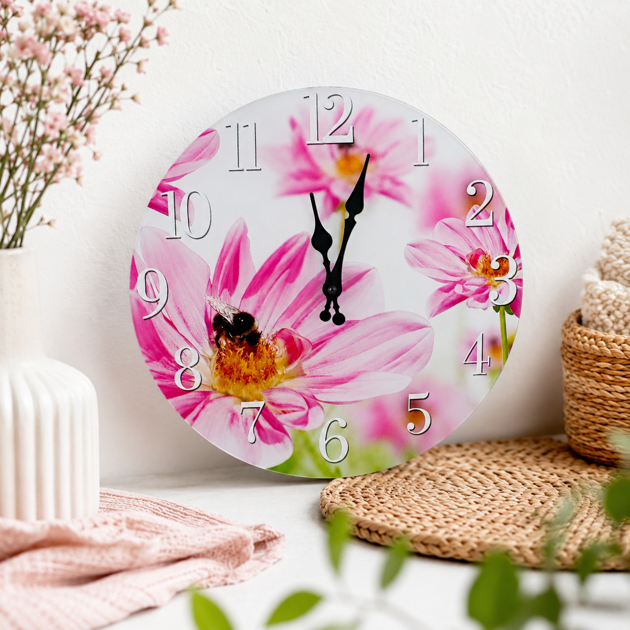 Skleněné hodiny čmelák na květině pr.34cm