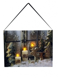 Obraz vánoční s dřevěným sobem 20x15cm LED
