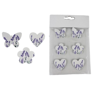 Dekorace levandulové nalepovací 6ks (motýlci, kytičky a srdíčka)
