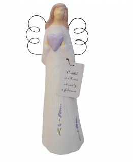 Andělka malá levandulová s cedulkou "Andílek tě ochrání od smůly a zklamání"
